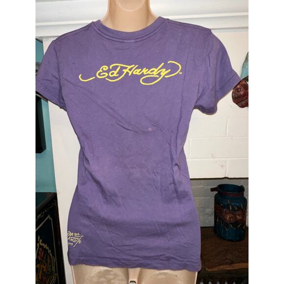 VINTAGE Y2K ED HARDY STUDDED PURPLE TEE S - Picture 3 of 6